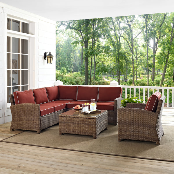 Bradenton 5Pc Outdoor Wicker Sectional Set Sangria/Weathered Brown - Right Side Loveseat, Left Side Loveseat, Corner Chair, Arm Chair, & Sectional Glass Top Coffee Table