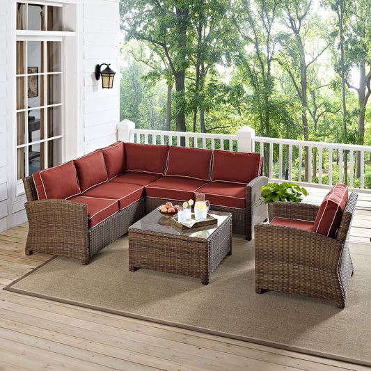 Bradenton 5Pc Outdoor Wicker Sectional Set Sangria/Weathered Brown - Right Side Loveseat, Left Side Loveseat, Corner Chair, Arm Chair, & Sectional Glass Top Coffee Table