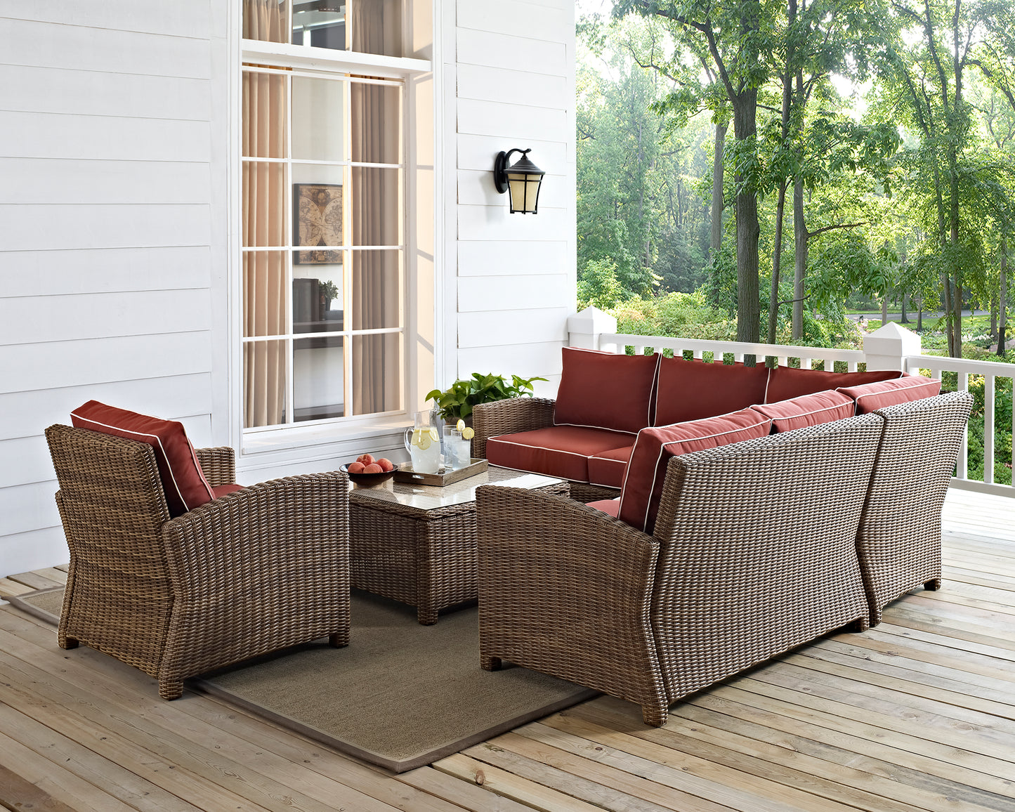 Bradenton 5Pc Outdoor Wicker Sectional Set Sangria/Weathered Brown - Right Side Loveseat, Left Side Loveseat, Corner Chair, Arm Chair, & Sectional Glass Top Coffee Table