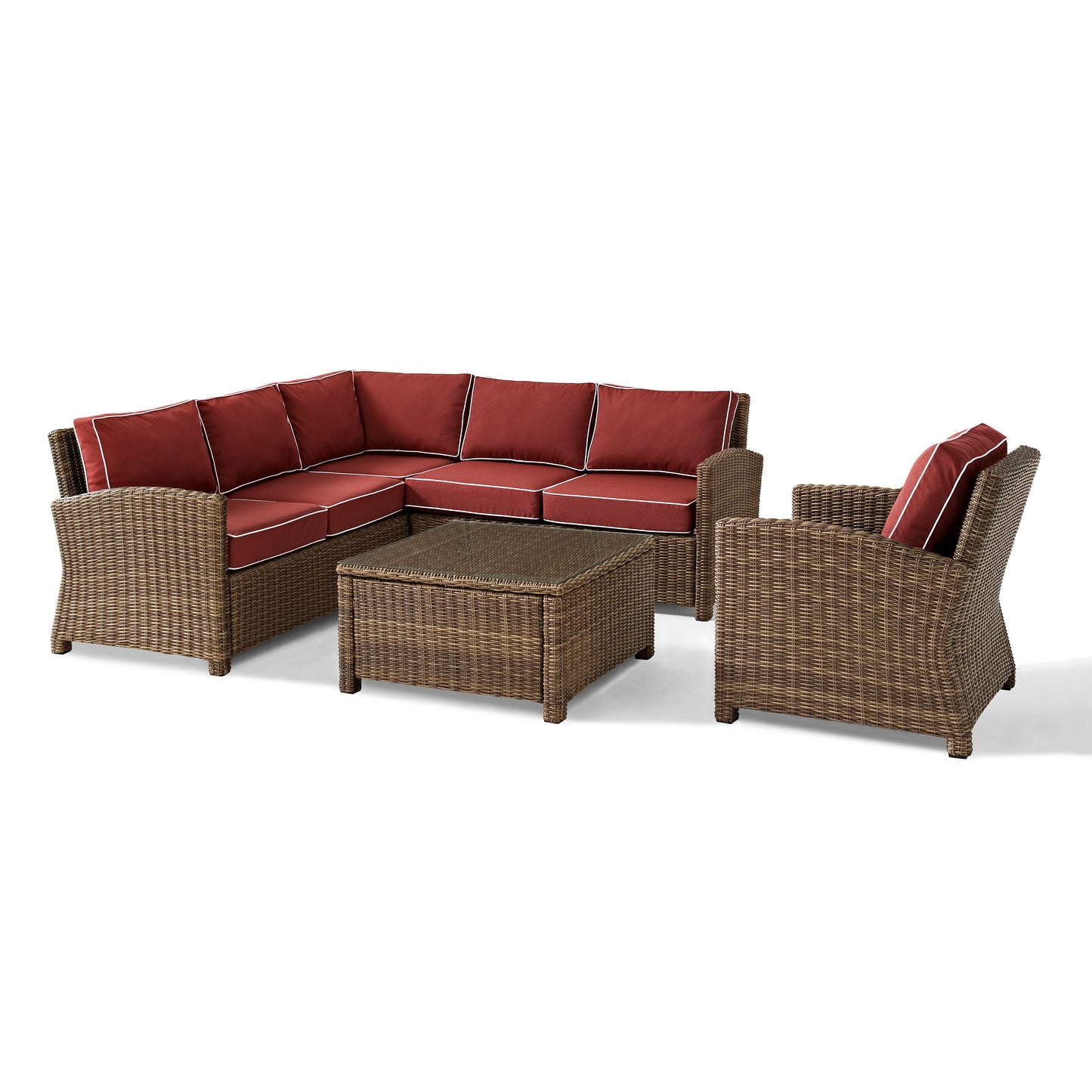 Bradenton 5Pc Outdoor Wicker Sectional Set Sangria/Weathered Brown - Right Side Loveseat, Left Side Loveseat, Corner Chair, Arm Chair, & Sectional Glass Top Coffee Table