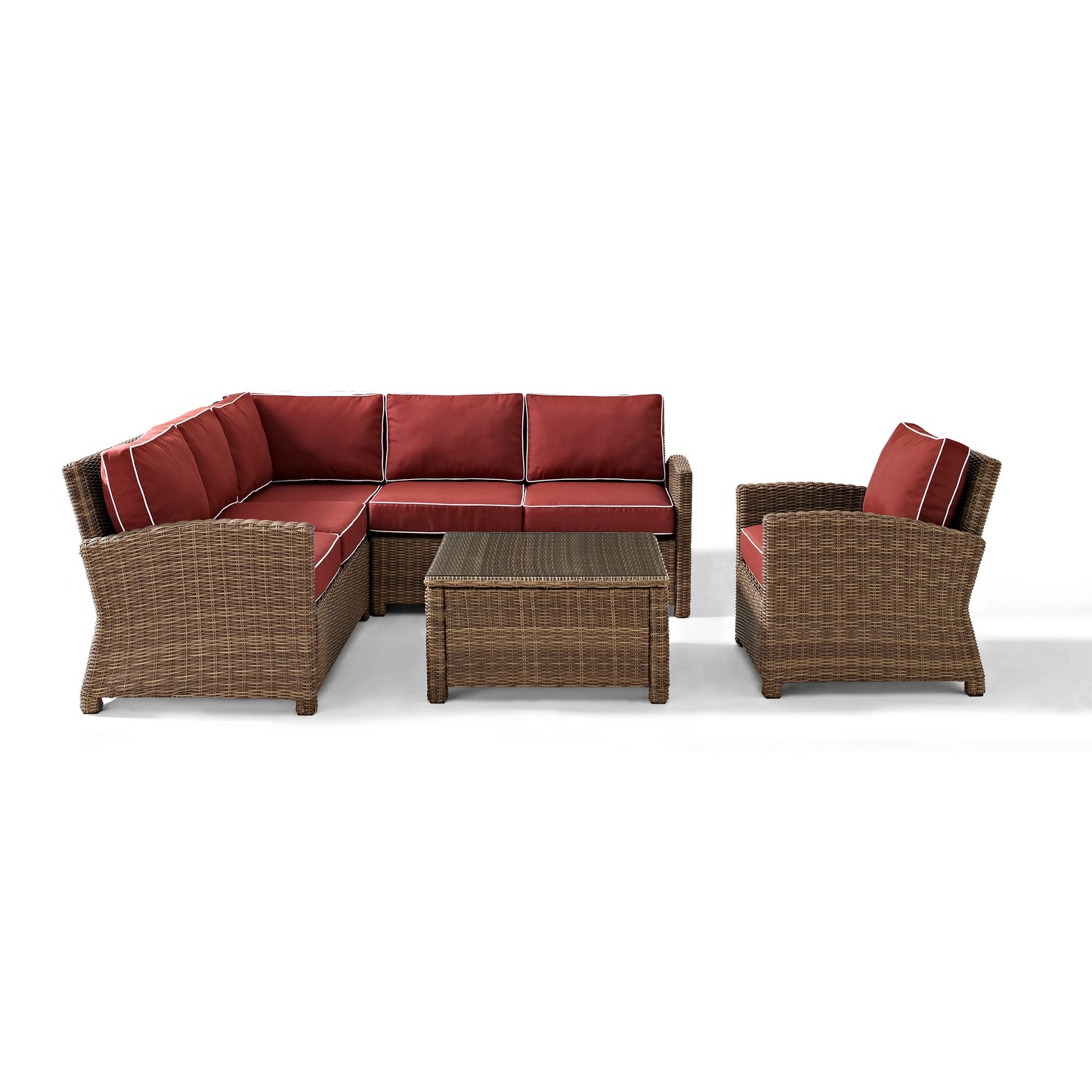 Bradenton 5Pc Outdoor Wicker Sectional Set Sangria/Weathered Brown - Right Side Loveseat, Left Side Loveseat, Corner Chair, Arm Chair, & Sectional Glass Top Coffee Table