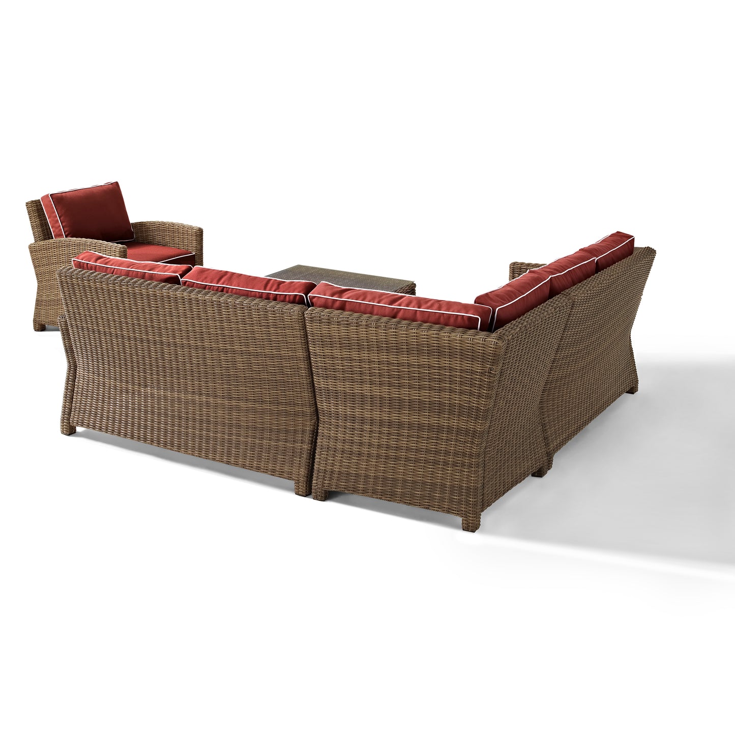 Bradenton 5Pc Outdoor Wicker Sectional Set Sangria/Weathered Brown - Right Side Loveseat, Left Side Loveseat, Corner Chair, Arm Chair, & Sectional Glass Top Coffee Table