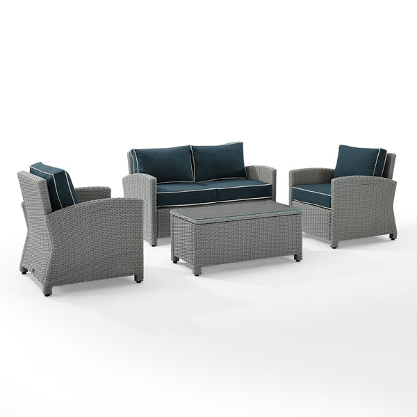 Bradenton 4Pc Outdoor Wicker Conversation Set Navy/Gray - Loveseat, Coffee Table, & 2 Arm Chairs