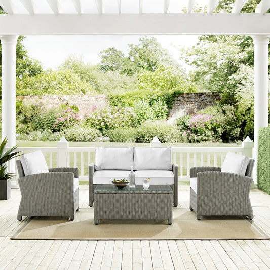 Bradenton 4Pc Outdoor Conversation Set - Sunbrella White/Gray - Loveseat, Coffee Table, & 2 Arm Chairs