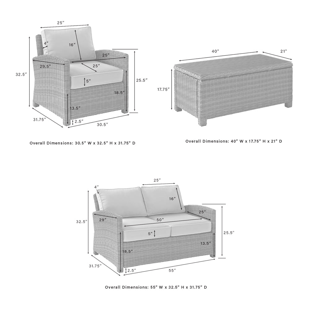 Bradenton 4Pc Outdoor Conversation Set - Sunbrella White/Gray - Loveseat, Coffee Table, & 2 Arm Chairs