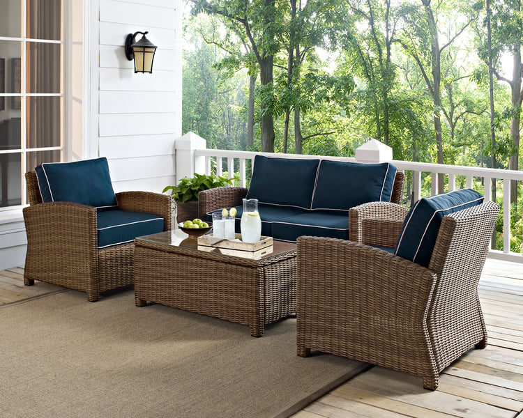 Bradenton 4Pc Outdoor Wicker Conversation Set Navy/Weathered Brown - Loveseat, Coffee Table, & 2 Arm Chairs