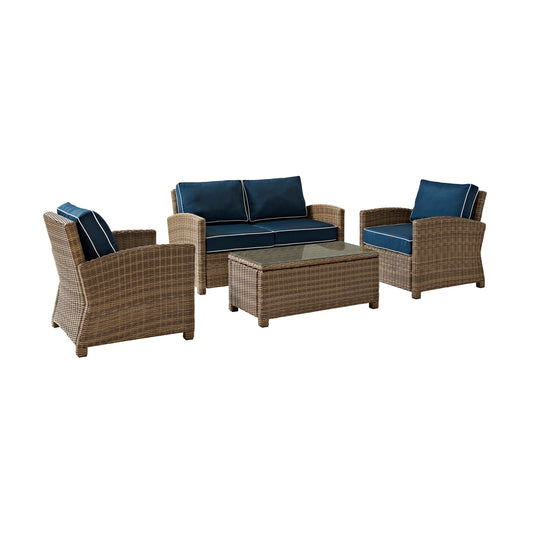 Bradenton 4Pc Outdoor Wicker Conversation Set Navy/Weathered Brown - Loveseat, Coffee Table, & 2 Arm Chairs