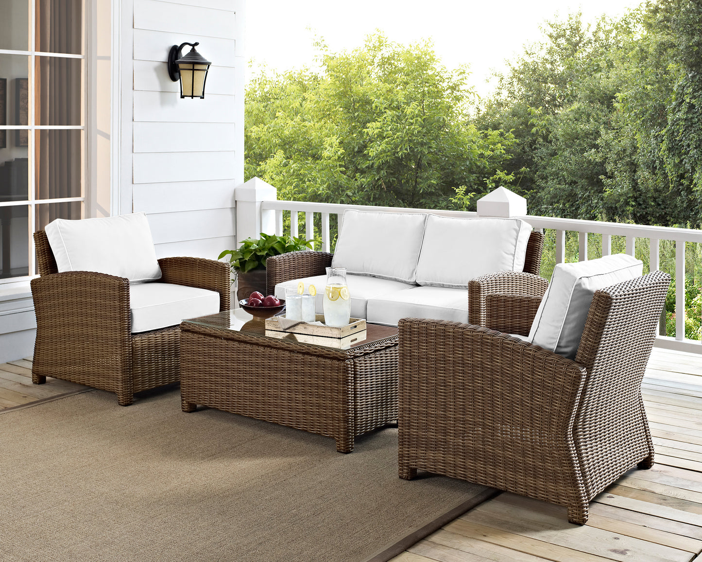 Bradenton 4Pc Outdoor Conversation Set - Sunbrella White/Weathered Brown - Loveseat, Coffee Table, & 2 Arm Chairs