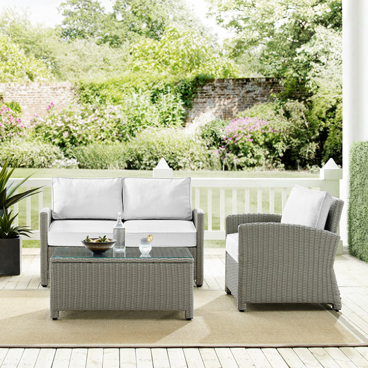 Bradenton 3Pc Outdoor Conversation Set - Sunbrella White/Gray - Loveseat, Arm Chair, & Coffee Table