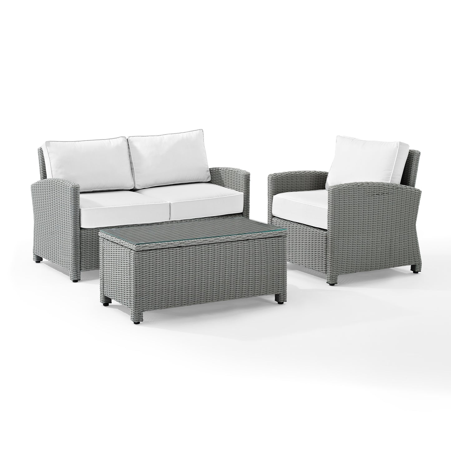 Bradenton 3Pc Outdoor Conversation Set - Sunbrella White/Gray - Loveseat, Arm Chair, & Coffee Table