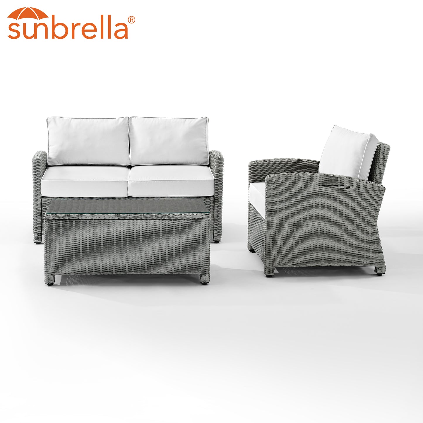 Bradenton 3Pc Outdoor Conversation Set - Sunbrella White/Gray - Loveseat, Arm Chair, & Coffee Table