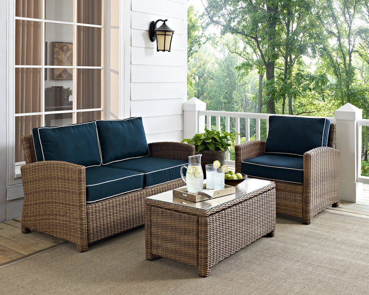 Bradenton 3Pc Outdoor Wicker Conversation Set Navy/Weathered Brown - Loveseat, Arm Chair, & Coffee Table