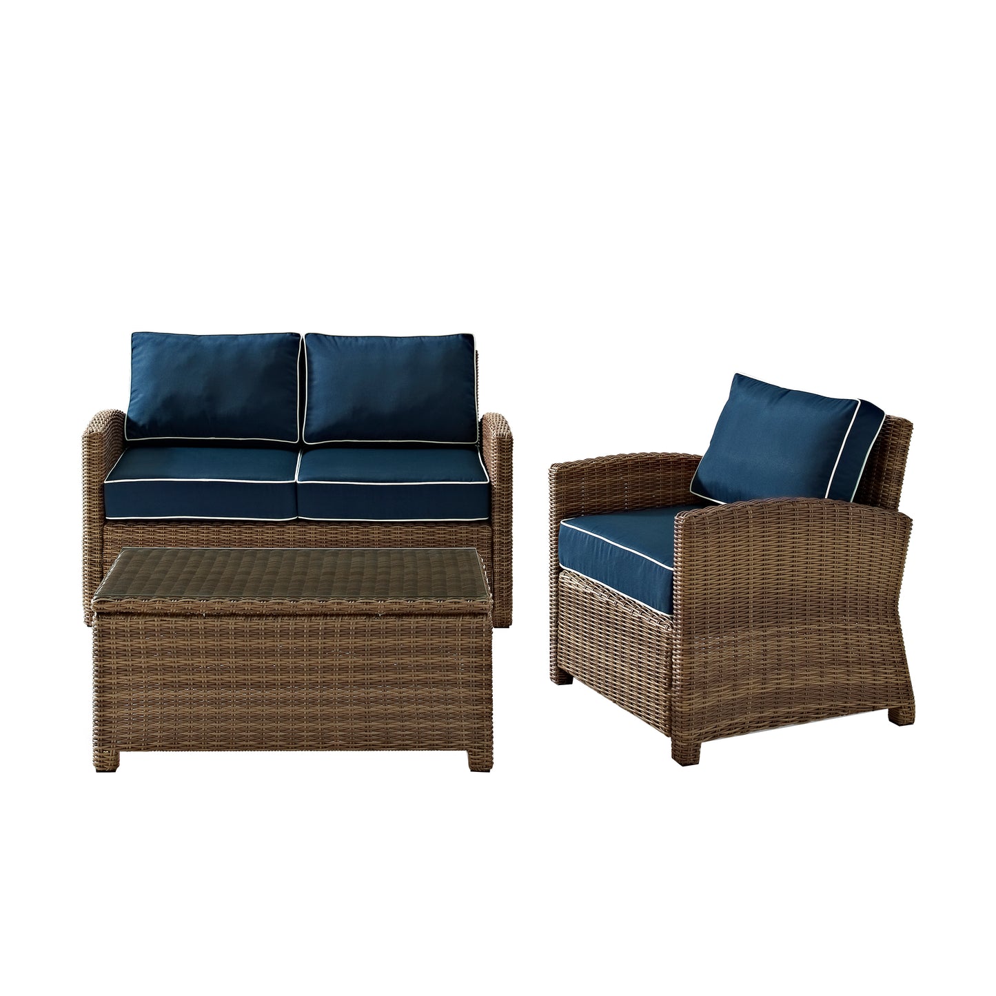 Bradenton 3Pc Outdoor Wicker Conversation Set Navy/Weathered Brown - Loveseat, Arm Chair, & Coffee Table