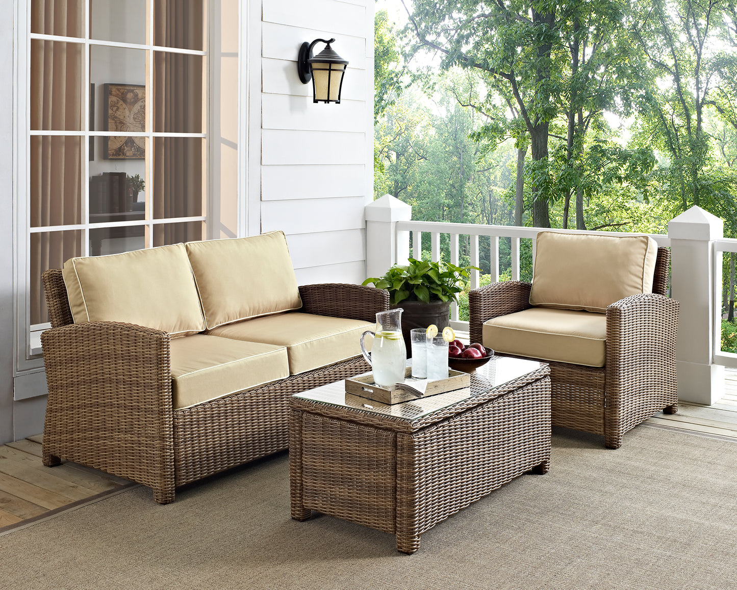 Bradenton 3Pc Outdoor Wicker Conversation Set Sand/Weathered Brown - Loveseat, Arm Chair, & Coffee Table