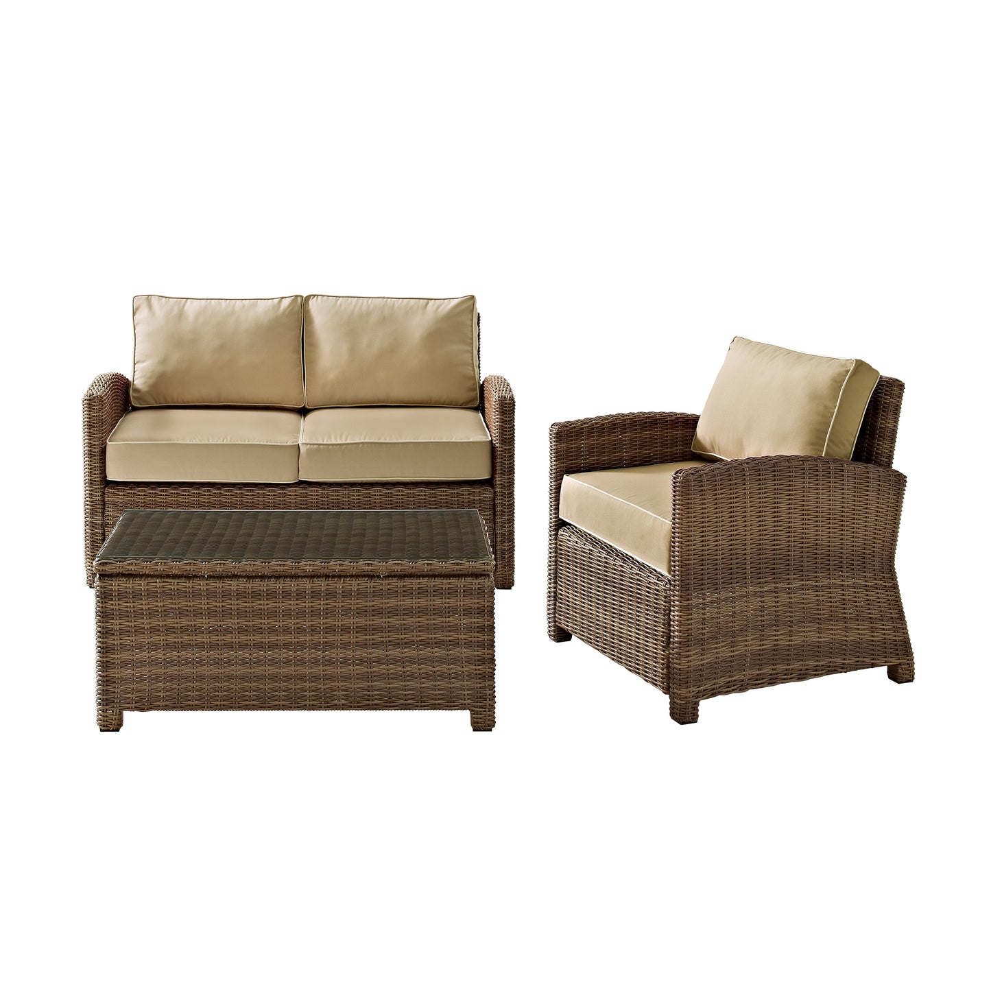 Bradenton 3Pc Outdoor Wicker Conversation Set Sand/Weathered Brown - Loveseat, Arm Chair, & Coffee Table