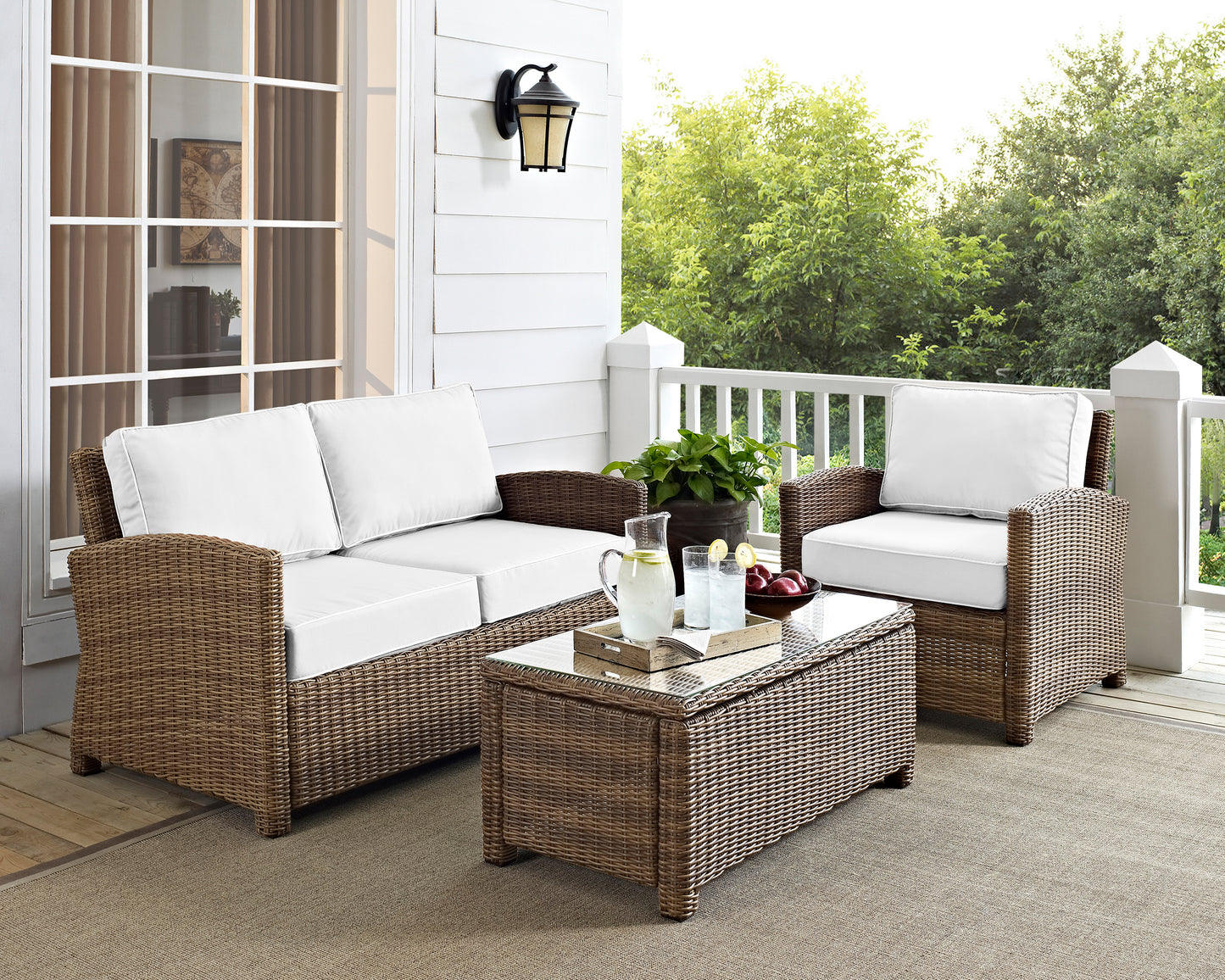 Bradenton 3Pc Outdoor Conversation Set - Sunbrella White/Weathered Brown - Loveseat, Arm Chair, & Coffee Table