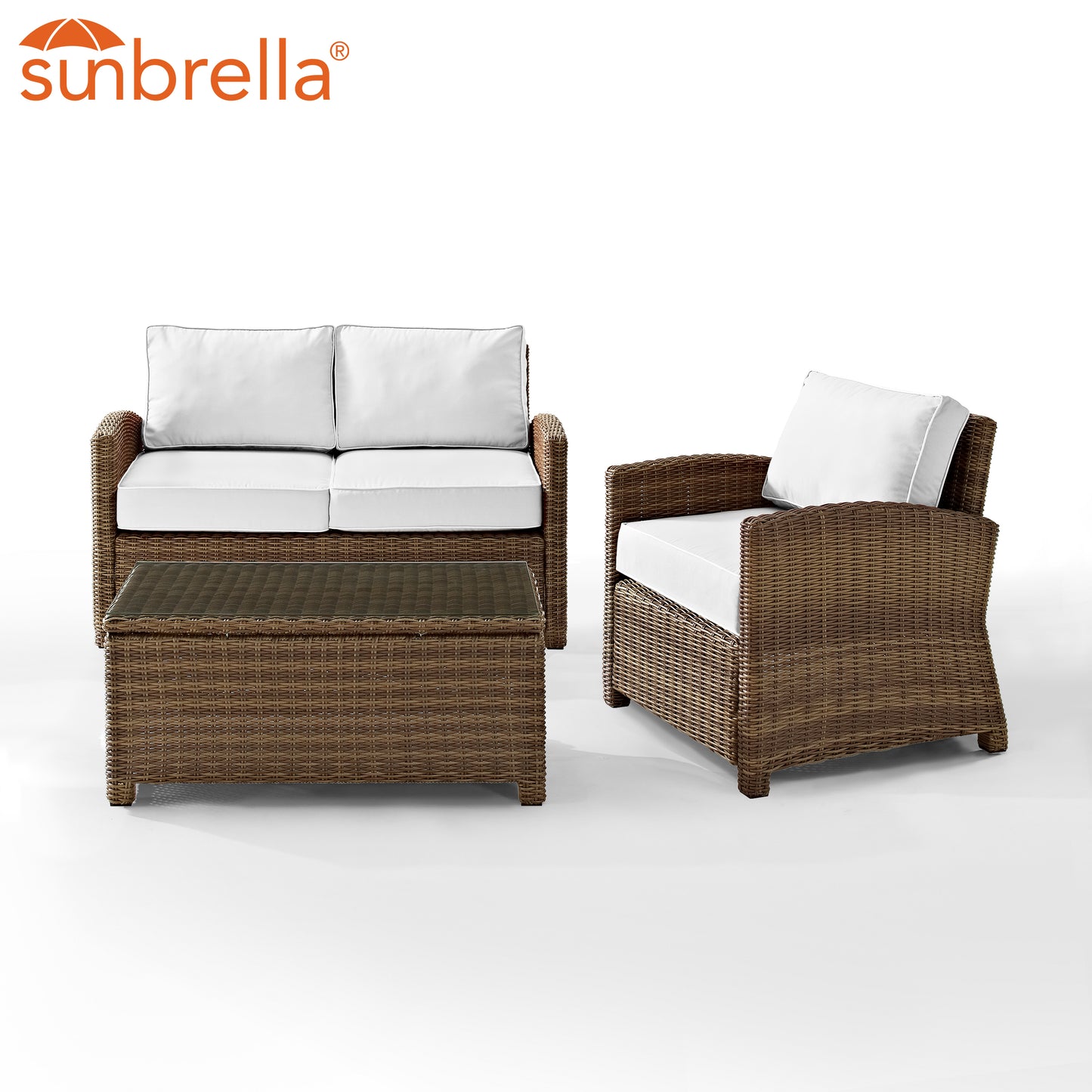 Bradenton 3Pc Outdoor Conversation Set - Sunbrella White/Weathered Brown - Loveseat, Arm Chair, & Coffee Table