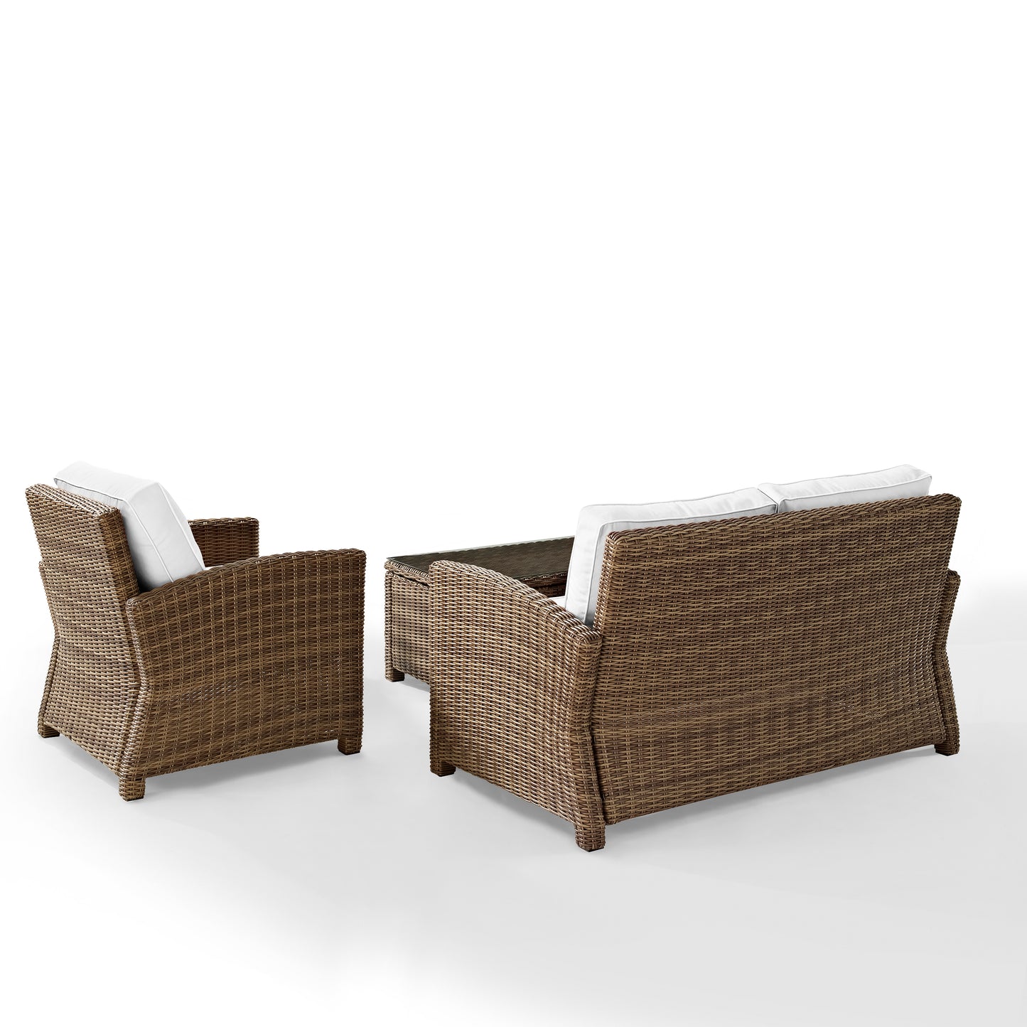 Bradenton 3Pc Outdoor Conversation Set - Sunbrella White/Weathered Brown - Loveseat, Arm Chair, & Coffee Table