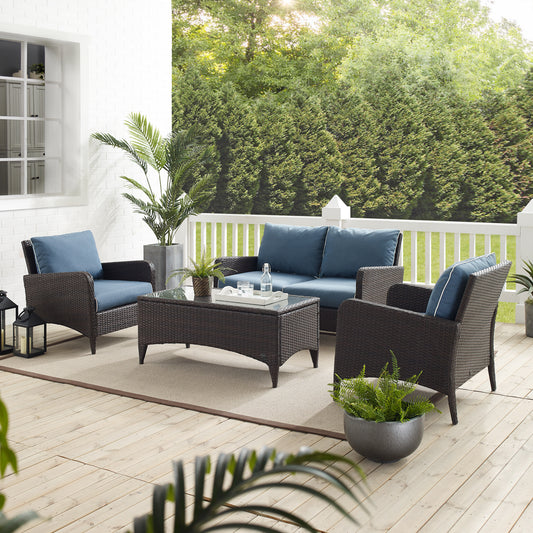 Kiawah 4Pc Outdoor Wicker Conversation Set Blue/Brown - Loveseat, 2 Arm Chairs & Coffee Table