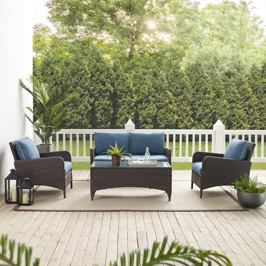 Kiawah 4Pc Outdoor Wicker Conversation Set Blue/Brown - Loveseat, 2 Arm Chairs & Coffee Table