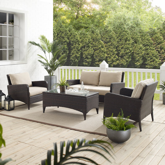 Kiawah 4Pc Outdoor Wicker Conversation Set Sand/Brown - Loveseat, 2 Arm Chairs & Coffee Table