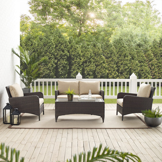 Kiawah 4Pc Outdoor Wicker Conversation Set Sand/Brown - Loveseat, 2 Arm Chairs & Coffee Table