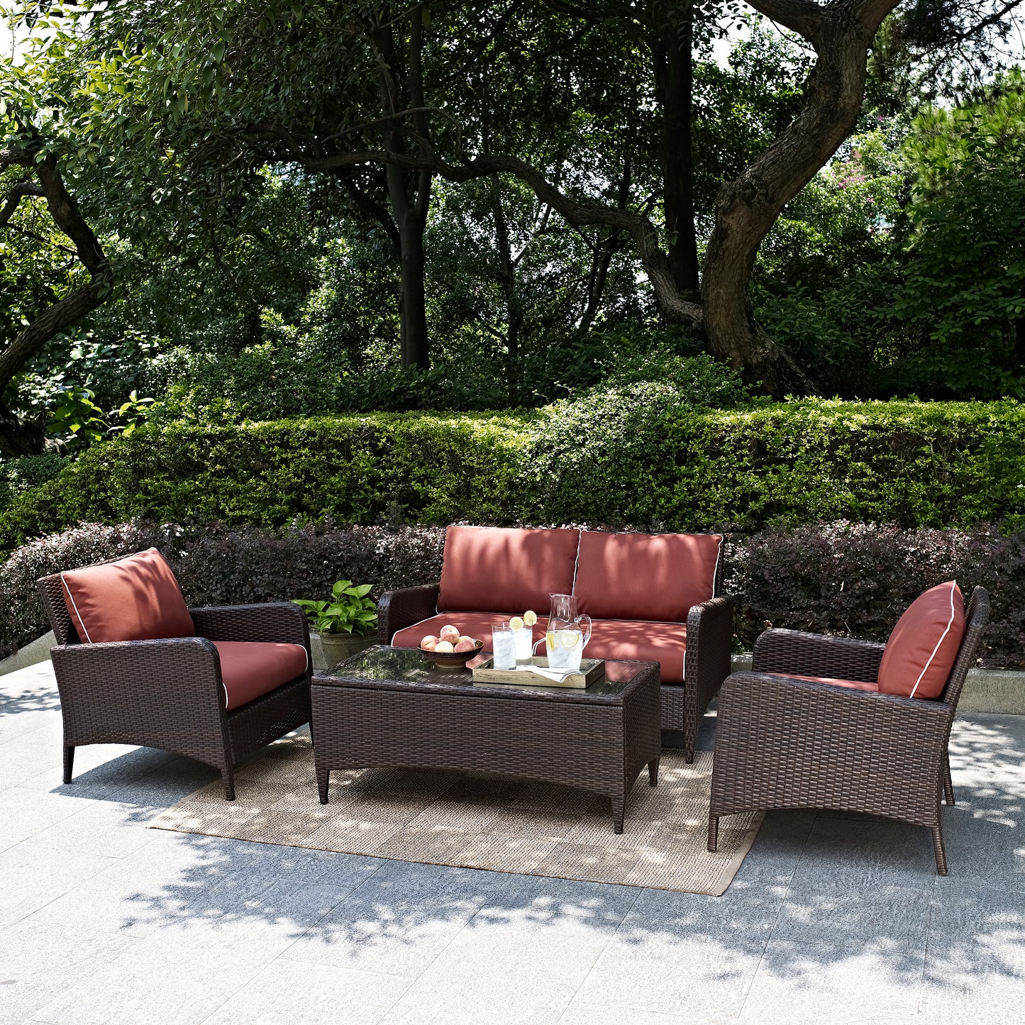 Kiawah 4Pc Outdoor Wicker Conversation Set Sangria/Brown - Loveseat, 2 Arm Chairs & Coffee Table