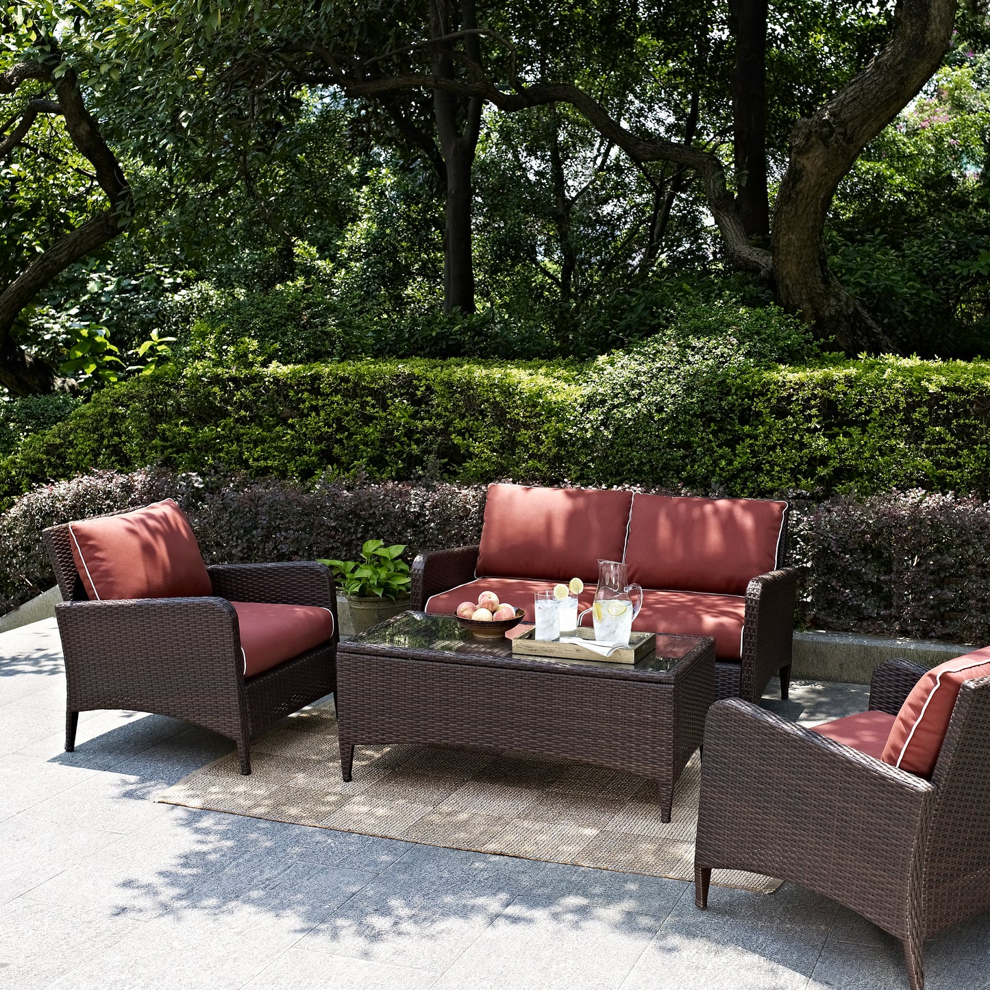 Kiawah 4Pc Outdoor Wicker Conversation Set Sangria/Brown - Loveseat, 2 Arm Chairs & Coffee Table