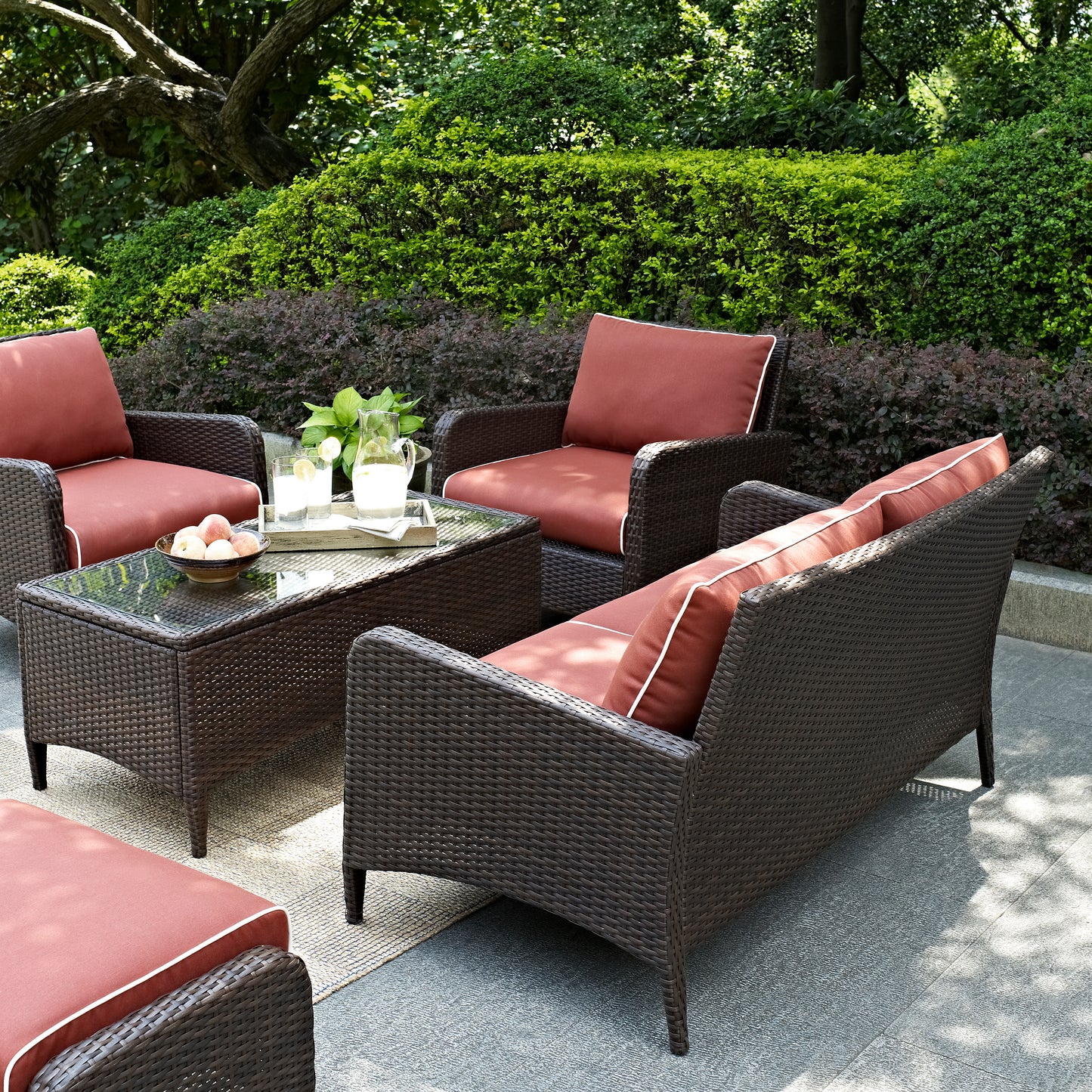 Kiawah 4Pc Outdoor Wicker Conversation Set Sangria/Brown - Loveseat, 2 Arm Chairs & Coffee Table