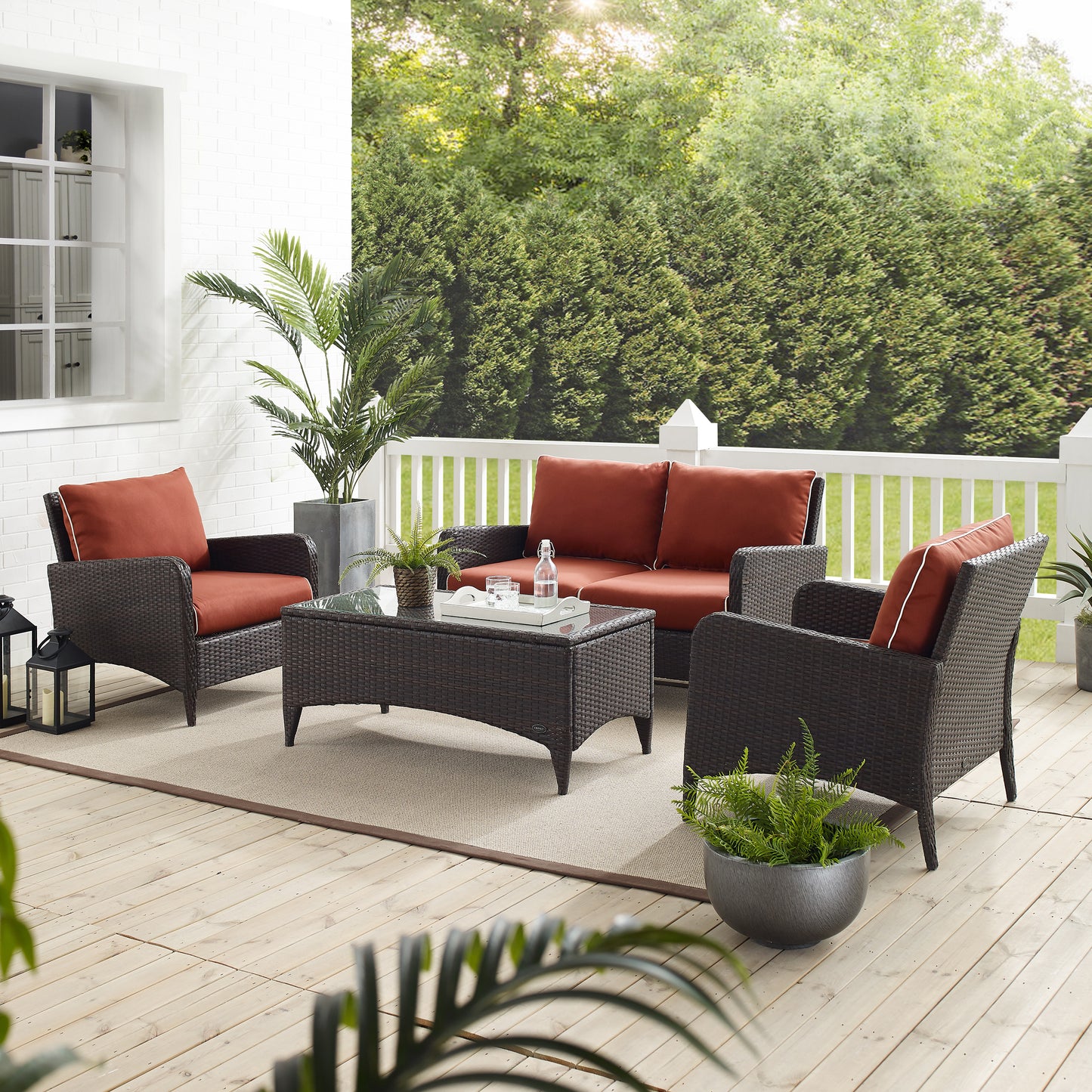 Kiawah 4Pc Outdoor Wicker Conversation Set Sangria/Brown - Loveseat, 2 Arm Chairs & Coffee Table