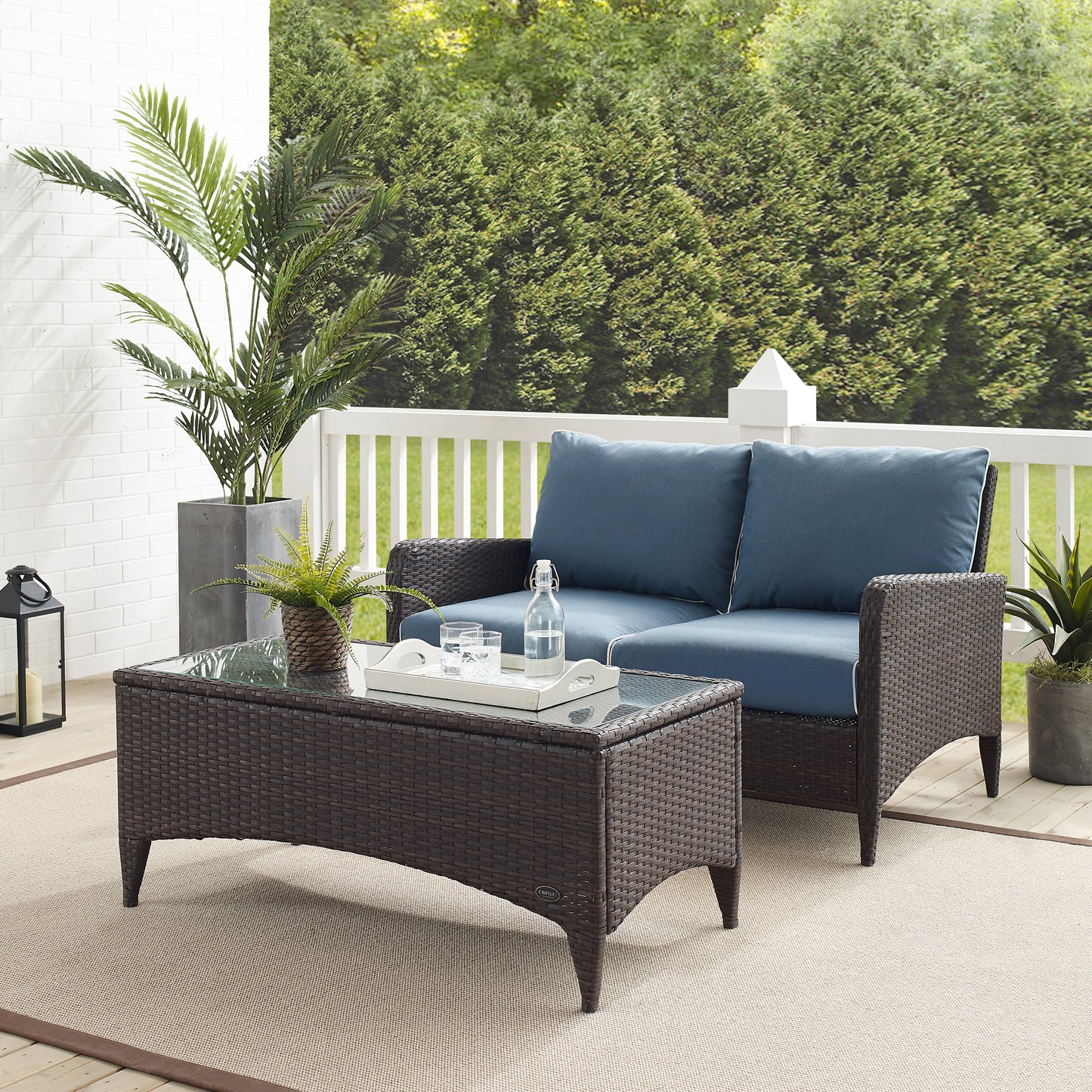 Kiawah 2Pc Outdoor Wicker Conversation Set Blue/Brown - Loveseat & Coffee Table