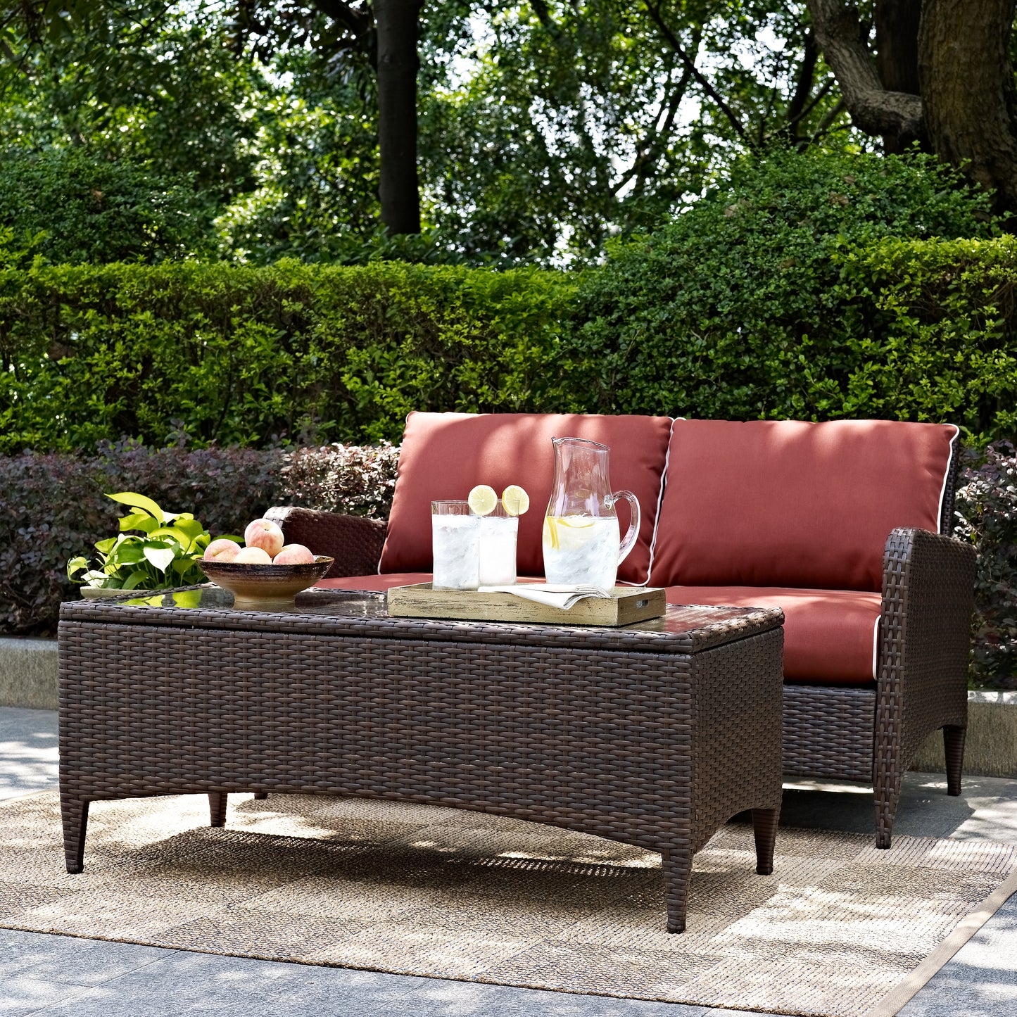 Kiawah 2Pc Outdoor Wicker Conversation Set Sangria/Brown - Loveseat & Coffee Table