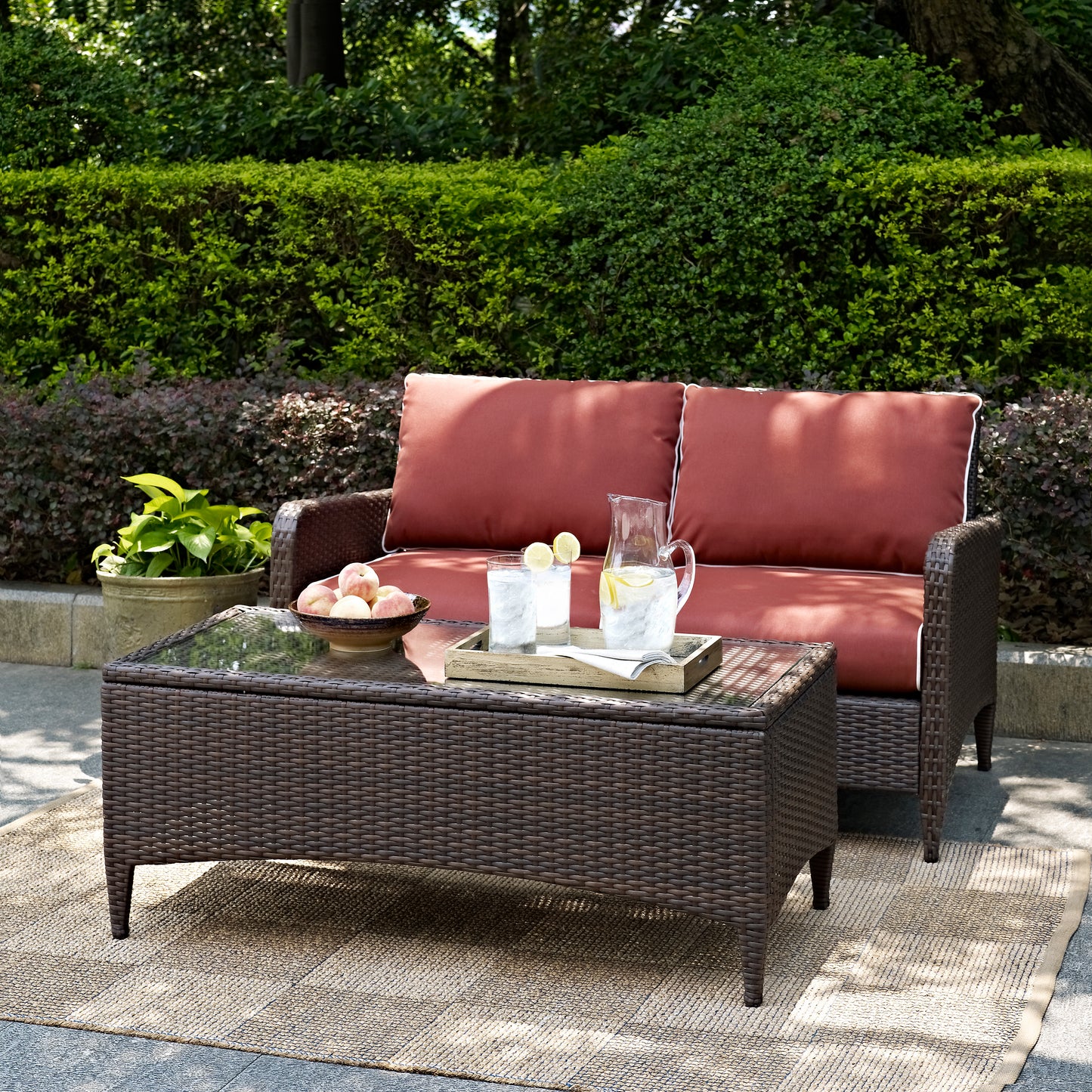 Kiawah 2Pc Outdoor Wicker Conversation Set Sangria/Brown - Loveseat & Coffee Table