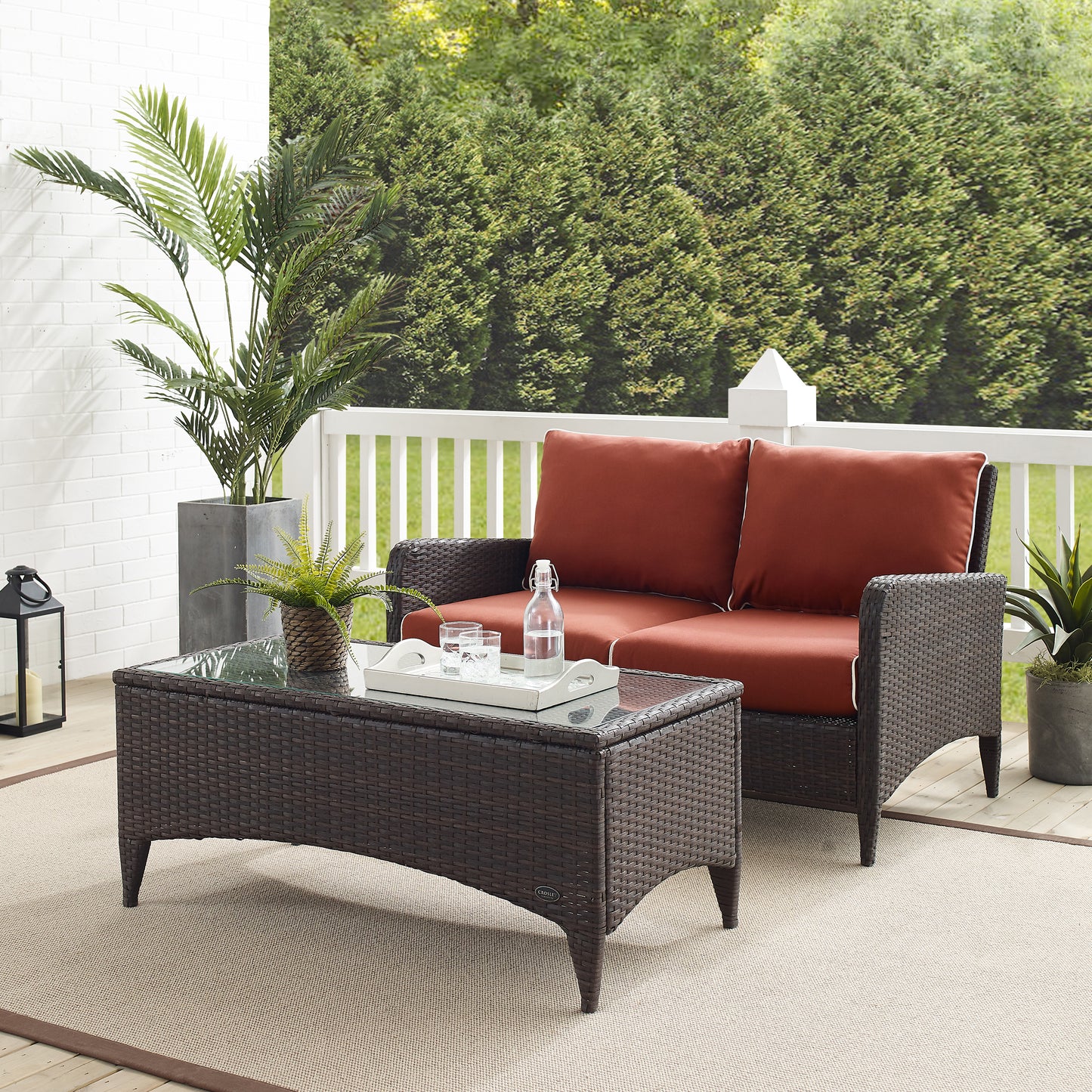 Kiawah 2Pc Outdoor Wicker Conversation Set Sangria/Brown - Loveseat & Coffee Table