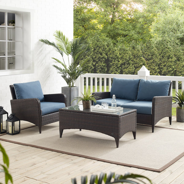 Kiawah 3Pc Outdoor Wicker Conversation Set Blue/Brown - Loveseat, Arm Chair & Coffee Table