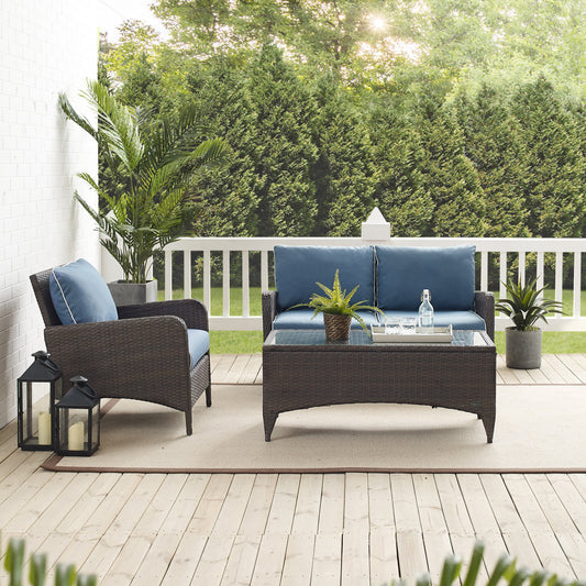 Kiawah 3Pc Outdoor Wicker Conversation Set Blue/Brown - Loveseat, Arm Chair & Coffee Table