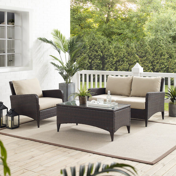 Kiawah 3Pc Outdoor Wicker Conversation Set Sand/Brown - Loveseat, Arm Chair & Coffee Table