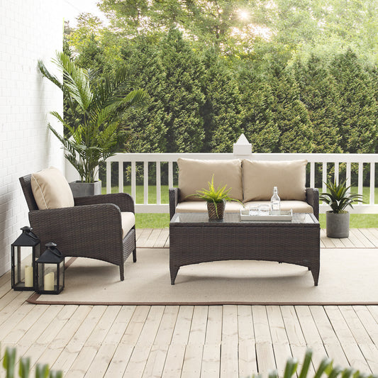 Kiawah 3Pc Outdoor Wicker Conversation Set Sand/Brown - Loveseat, Arm Chair & Coffee Table