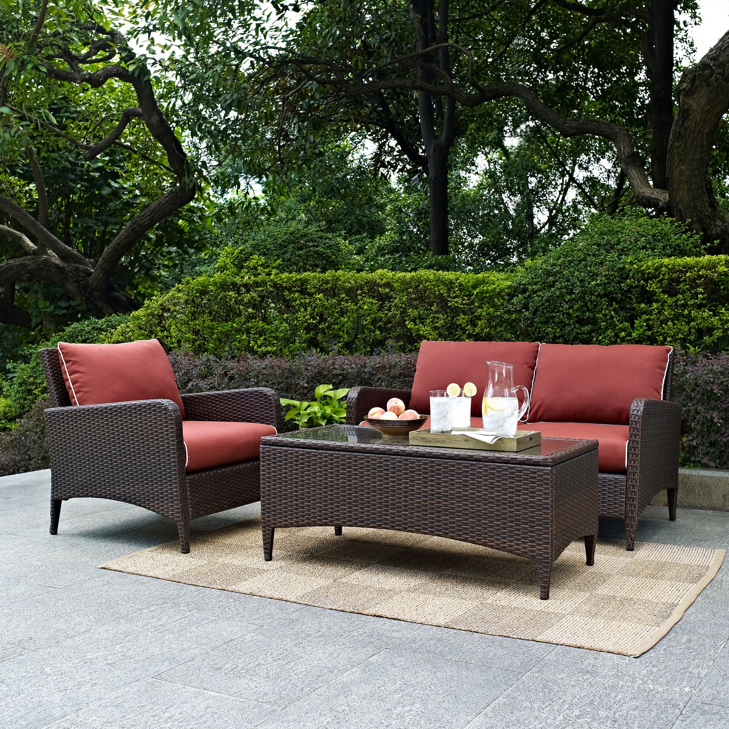 Kiawah 3Pc Outdoor Wicker Conversation Set Sangria/Brown - Loveseat, Arm Chair & Coffee Table