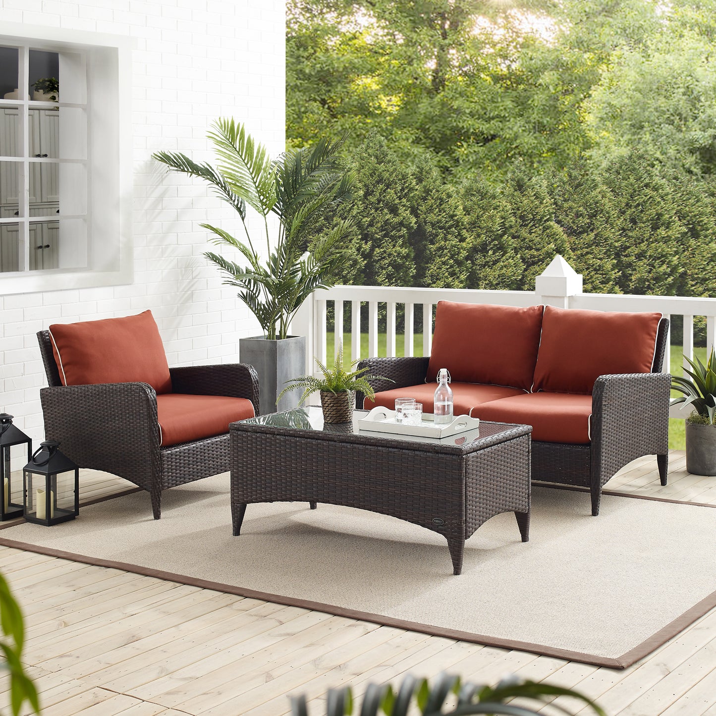 Kiawah 3Pc Outdoor Wicker Conversation Set Sangria/Brown - Loveseat, Arm Chair & Coffee Table