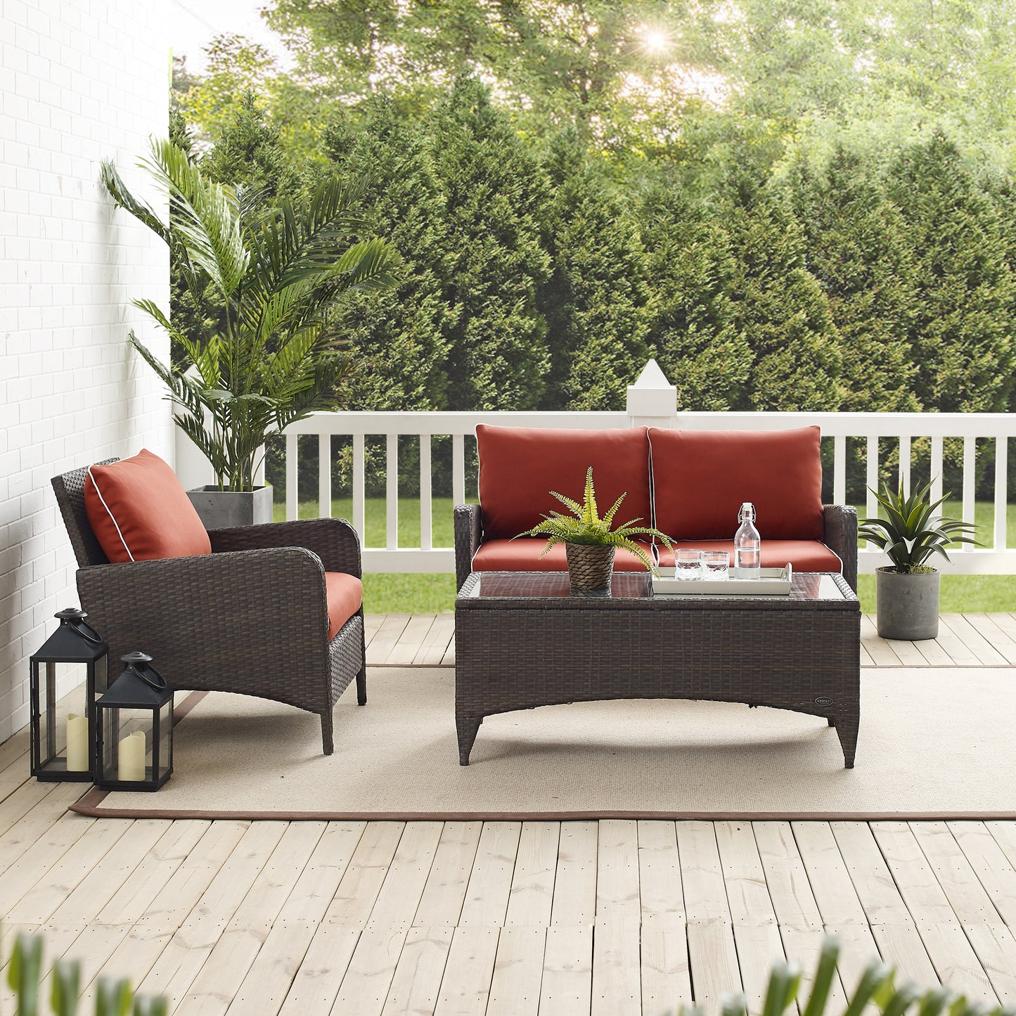 Kiawah 3Pc Outdoor Wicker Conversation Set Sangria/Brown - Loveseat, Arm Chair & Coffee Table