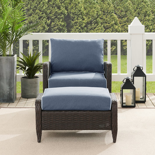 Kiawah 2Pc Outdoor Wicker Chair Set Blue/Brown - Armchair & Ottoman