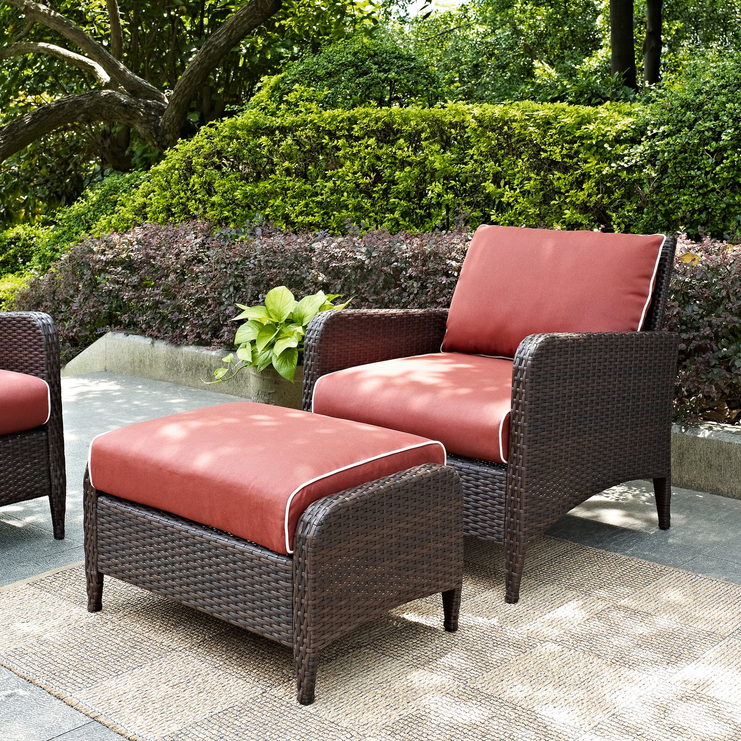 Kiawah 2Pc Outdoor Wicker Chair Set Sangria/Brown - Armchair & Ottoman