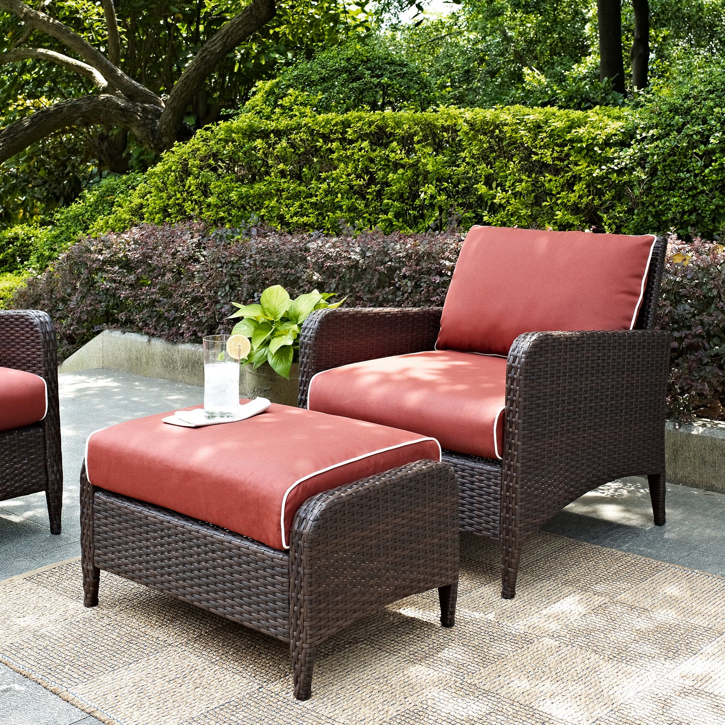 Kiawah 2Pc Outdoor Wicker Chair Set Sangria/Brown - Armchair & Ottoman