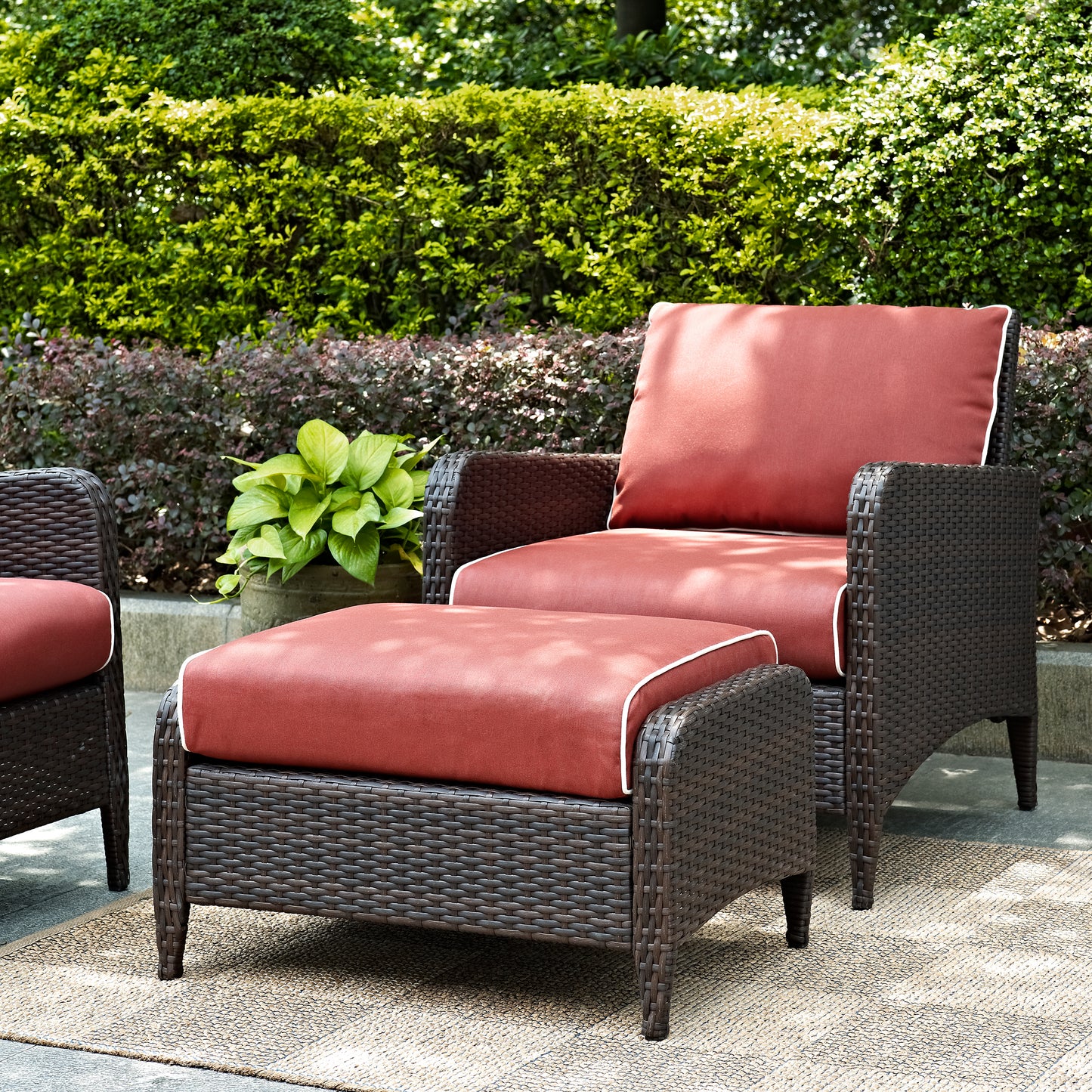 Kiawah 2Pc Outdoor Wicker Chair Set Sangria/Brown - Armchair & Ottoman