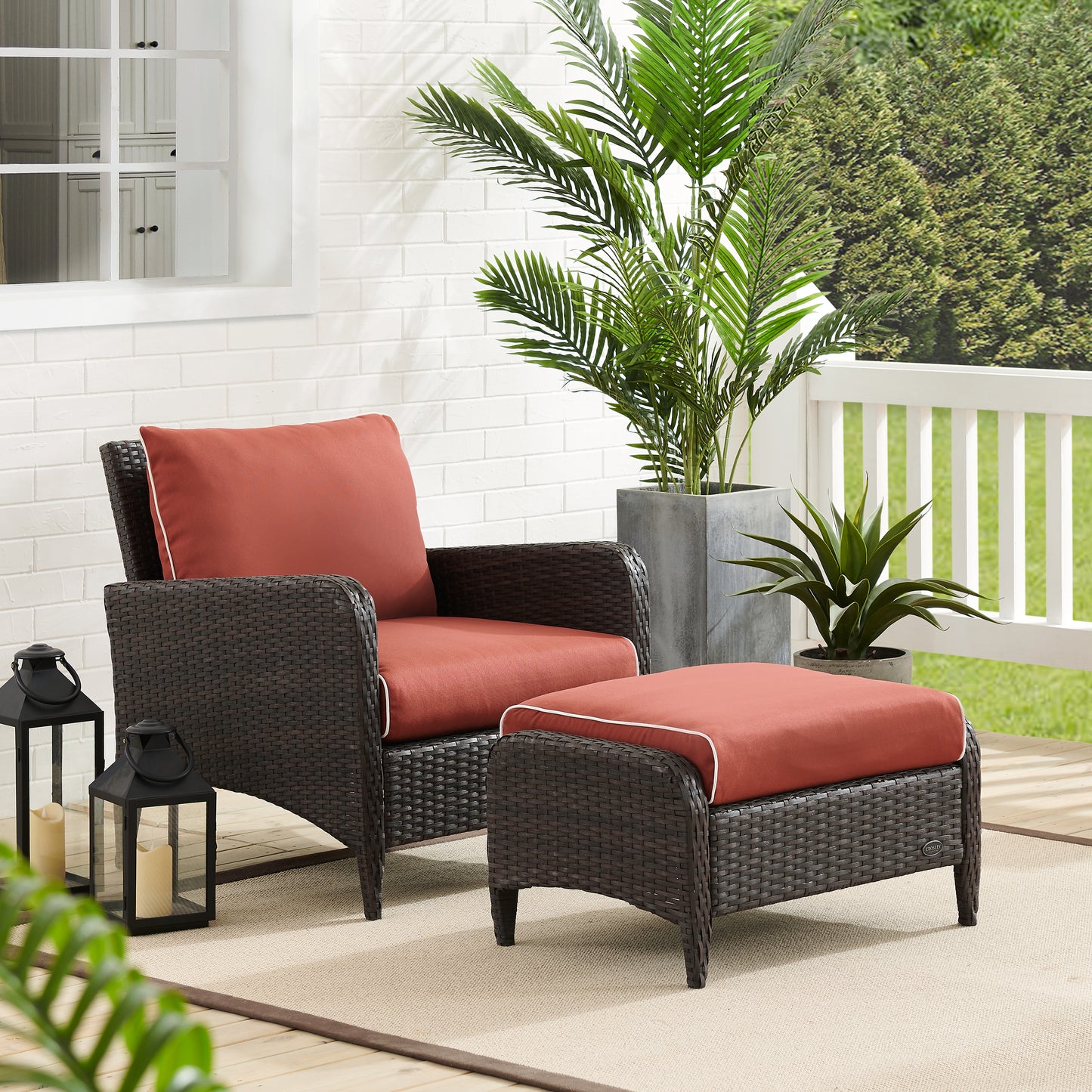 Kiawah 2Pc Outdoor Wicker Chair Set Sangria/Brown - Armchair & Ottoman