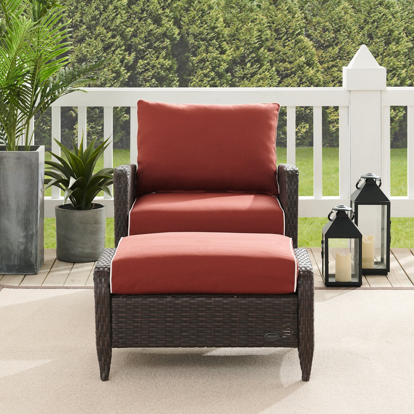 Kiawah 2Pc Outdoor Wicker Chair Set Sangria/Brown - Armchair & Ottoman