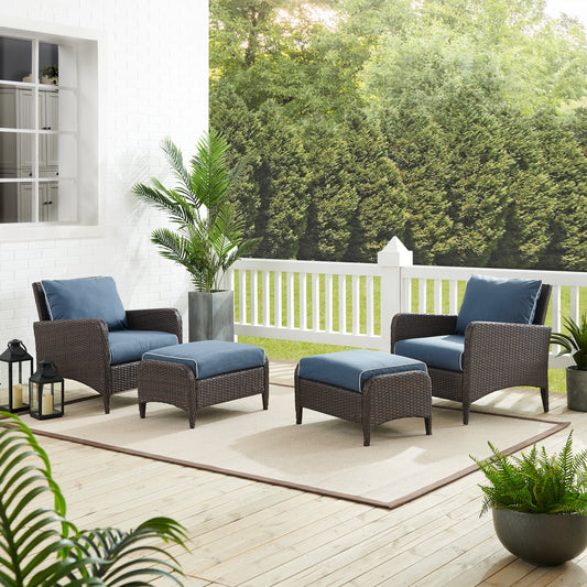 Kiawah 4Pc Outdoor Wicker Chair Set Blue/Brown - 2 Armchairs & 2 Ottomans