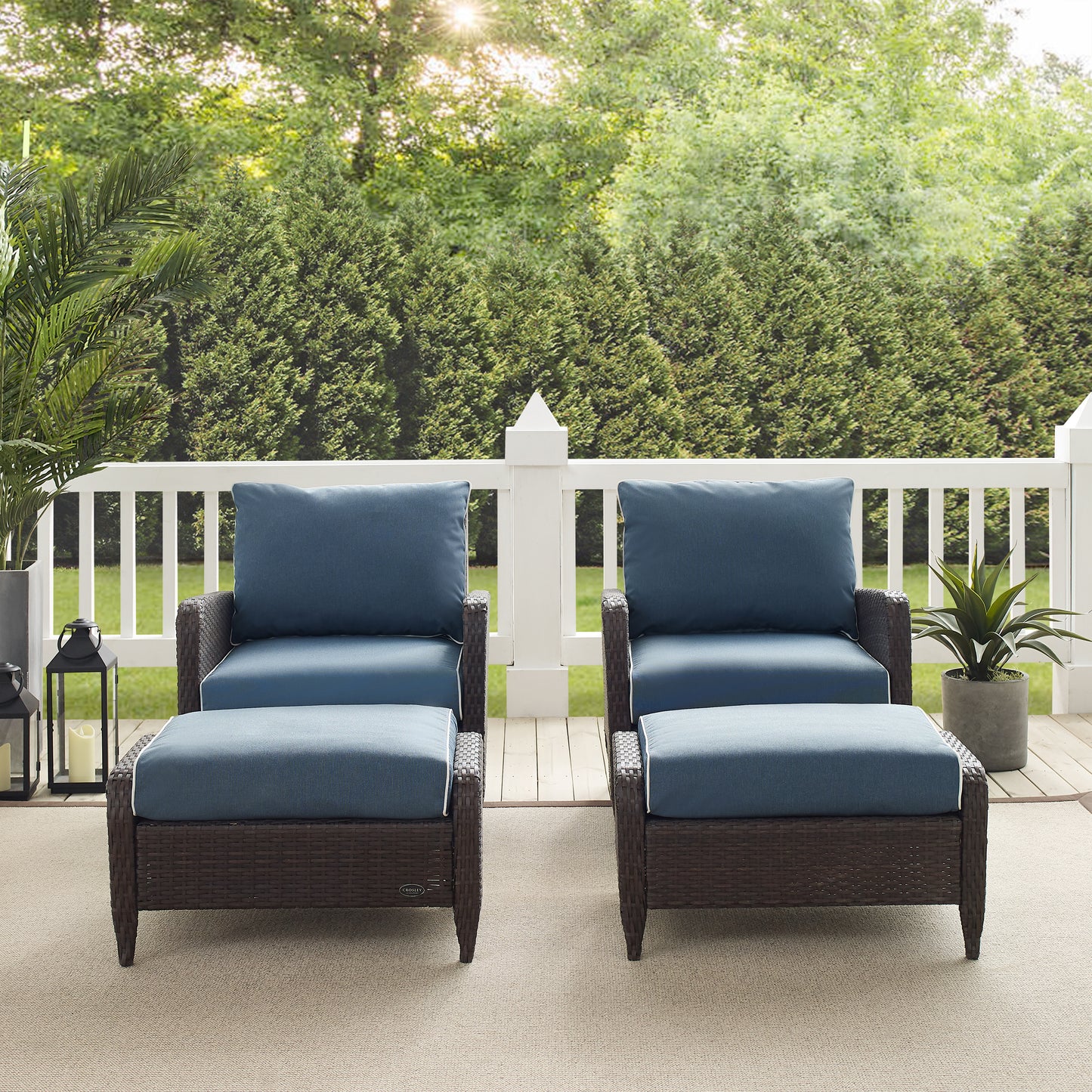 Kiawah 4Pc Outdoor Wicker Chair Set Blue/Brown - 2 Armchairs & 2 Ottomans