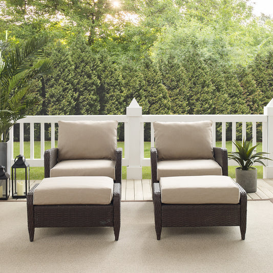 Kiawah 4Pc Outdoor Wicker Chair Set Sand/Brown - 2 Armchairs & 2 Ottomans